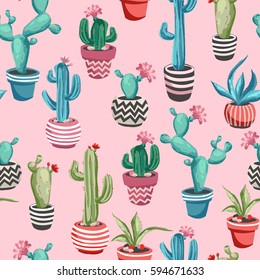 Cacti flower background. Seamless pattern with cactus and succulents. Hand drawn vector illustration in trendy cute cartoon style.