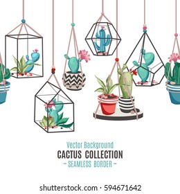 Cacti flower pattern. Seamless border with cactus and succulents. Hand drawn vector background in trendy cute cartoon style.