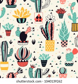 Cacti in a Flower Pot with geometric elements. Seamless pattern with lovely cactus, flowers and triangles in vector. 
