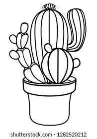 Cacti in a flower pot. Home plant - cactus. Cacti linear picture for coloring. Outline. Cactus blooming with spikes. 
hand drawing