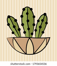 Cacti in flower pot. Ladyfinger Cactus in hand drawn style. Black outline. Vector illustration.