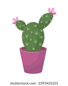 Cacti in flower pot. Tropical and exotic plant in ceramic violet vase. Gardening and botany, horticulture. Sticker for social networks. Cartoon flat vector illustration isolated on white background