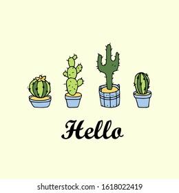 cacti in flower pots with the inscription hello. Hand drawn set. Vector stock illustration on a yellow background. print. Blooming stylized cartoon cactus. childish character illustration