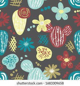 Fondo abstracto de cacti y flores, pieza vectorial sin fisuras