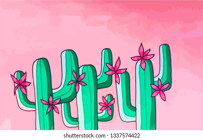 Cacti with flowers and pink backgrounds