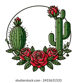 cacti and flowers round frame illustration