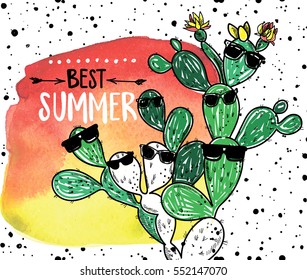 Cacti glasses. Summer picture. Print T-shirt, postcard, poster. Stylish freehand drawing.