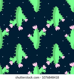 Cacti green blooming on a blue background. Pattern for fabric, wrapping paper.Vector stock.