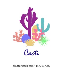 Cacti group. Prickly pear cactus, blue agaves, and saguaro. Vector illustration. Stylish bright palette