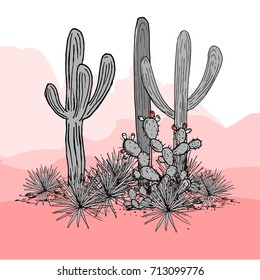 Cacti group. Prickly pear cactus, blue agaves, and saguaro. Mexico hand drawn card. Vector illustration. Stylish palette. Mountains background