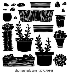 Cacti hand drawn black silhouettes set, succulents, houseplants, flowerpots, stones, boxes isolated on white background