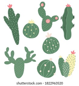 Cacti hand drawn. Cute Cactus clipart, Safari Plants. Houseplant Bundle. Vector design for stikers, greeting cards, stationery​ and posters. Scandinavian style.