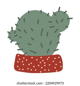 Cacti. Hand drawn prickly cactus plant with thorns pot. Hand drawn doodle desert tropical cactus with spines and flowers. Colored flat cartoon vector illustration isolated on white background.