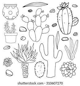 Cacti hand drawn sketch set, succulents, houseplants, flowerpots, stones isolated on white background