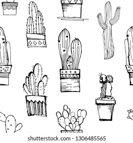Cacti handdrawn sketch seamless pattern. Pattern with different cactus.Great for fabrics, wallpaper,packaging.