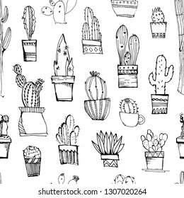 Cacti handdrawn sketch seamless pattern. Pattern with different cactus on the white background.Great for fabrics, wallpaper,packaging.