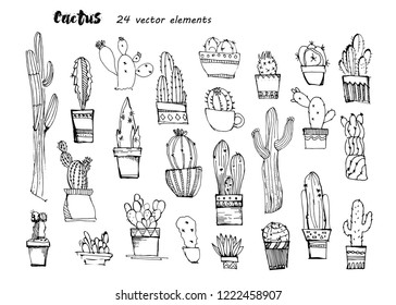 Cacti handdrawn sketch.Collection of different colorful cactus.