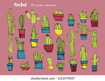 Cacti handdrawn sketch.Collection of different colorful cactus.