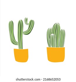 Cacti icons in flat style on a white background. Houseplants cactus in pots and with flowers. Variety of decorative cacti with thorns and without.