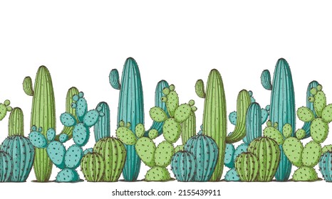 Cacti illustration. Hand drawn border with cacti. Vector illustration. Horizontal seamless.