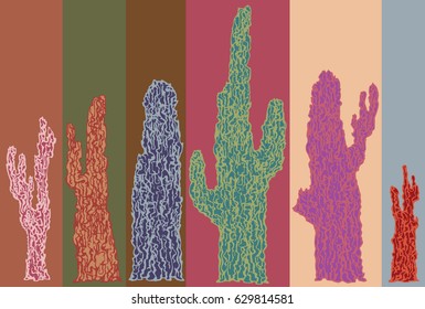 Cacti illustrations on varied vertical shapes background