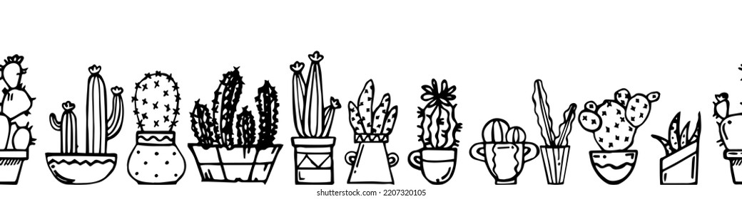 Cacti indoor plants in pots. Bottom border seamless. Exotic home thorns. Outline hand drawn sketch. Drawing with ink. Isolated on white background. Vector.