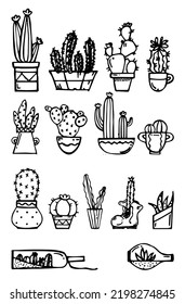 Cacti indoor plants in pots. Set of objects. Exotic home thorns. Outline hand drawn sketch. Drawing with ink. Isolated on white background. Vector.