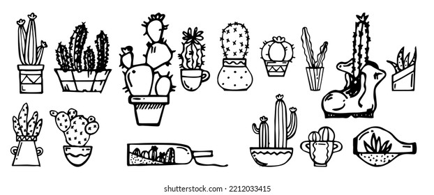Plantas cubiertas de caca en macetas. Conjunto de objetos y tipos. Espinas de hogar exóticas. Esquema dibujado a mano. Dibujar con tinta. Aislado sobre fondo blanco. Vector.