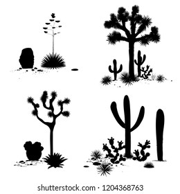 Cacti landscape groups. Vector set with silhouettes of saguaro, prickly pear, and agave. Black and white banner, place for text