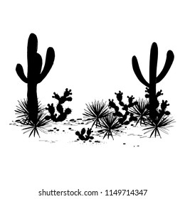 Cacti landscape. Vector silhouettes of, saguaro, prickly pear, and agave. Black and white banner, place for text