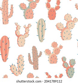 Cacti with large thorns seamless pattern. Background with unusual different suculents. Desert plants, repeating pattern. Template for fabric, packaging and design.