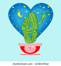 Cacti lovers embrace and look at the night sky. The month shines brightly in the sky and the stars burn. The sky is depicted as a heart.