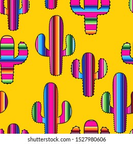 
Cacti with Mexican Blanket Stripes texture. Vector seamless pattern on a yellow background.