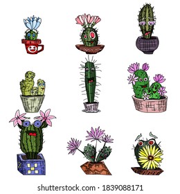 cacti monsters with cute faces. plants in clay pots. doodle style vector