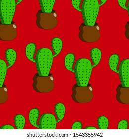 Cacti on a red background. Seamless background with green cacti. Vector illustration of cacti.