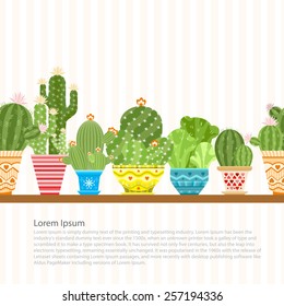 Cacti on the shelf. The cactus blossoms. Vector seamless illustration. Flat style.