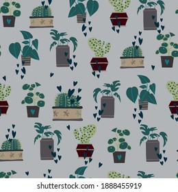 Cacti and other house plants seamless repeat vector pattern