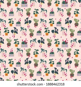 Cacti and other house plants seamless repeat vector pattern using pink limited palette