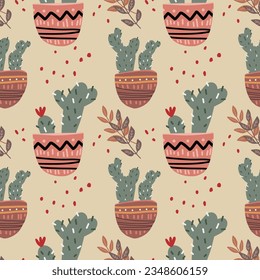 cacti in painted pots. vector pattern
