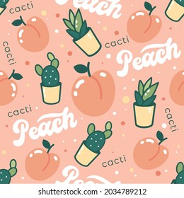 Cacti and peaches. Seamless pattern with vector illustration