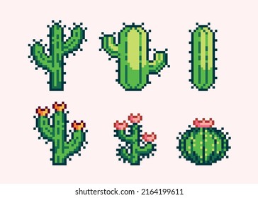 Cacti pixel art set. Cactus with flowers collection. Desert flora. 8 bit sprite. Game development, mobile app.  Isolated vector illustration.