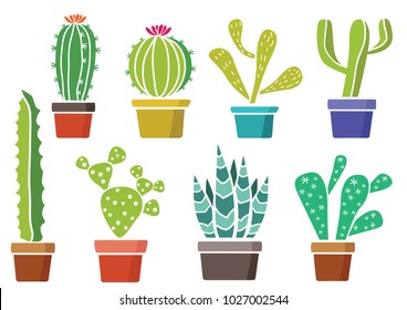Cacti in a pot. Colorful set.