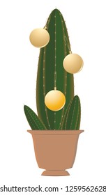 Cacti in a pot decorated with Christmas balls - isolated on white background - vector.