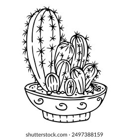 Cacti in a pot. A hand-drawn image of a thorny houseplant isolated from the background. Vector image of cacti.