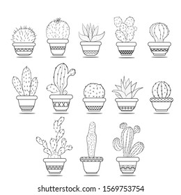 Cacti in the pots. Isolated black white illustration on white background.