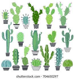 Cacti in pots isolated on white background. Vector,  hand drawn set illustration.