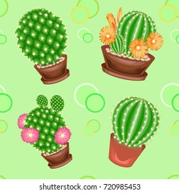 Cacti in pots on a green background. A fancy pattern. Suitable as wallpaper on, as a background for packaging products. Creates a cheerful mood. Vector illustration.