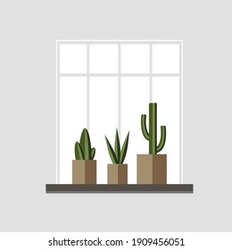 Cacti in pots on the window. Home plants in scandinavian style vector flat illustration. Houseplants for home and office. Minimalistic interior design. Sweet home.