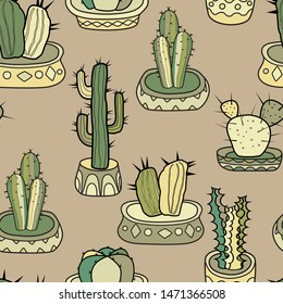 Cacti in the pots. Seamless colorful vector pattern in cartoon style.