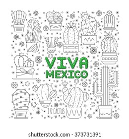 Cacti in pots. Set cactuses linear design. Elements of a corporate logo/ design. Vector illustration of succulent cactuses in square shape.